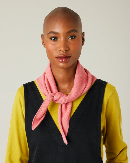 model wears dusty pink knitted neckerchief