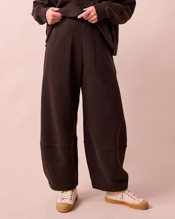model wears pascale ganache fleeceback jersey trousers front