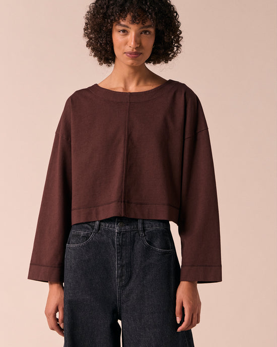 model wears the peggy cedar jersey top