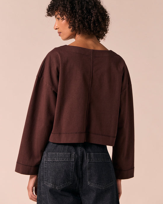 model wears the peggy cedar jersey top