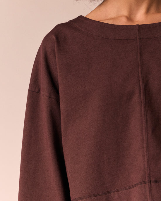 model wears the peggy cedar jersey top