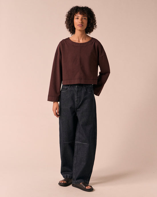 model wears the peggy cedar jersey top