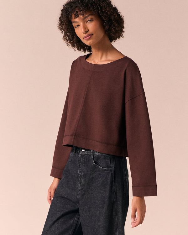 model wears the peggy cedar jersey top