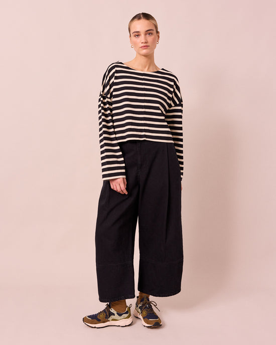 model wears peggy black and white stripe jersey top