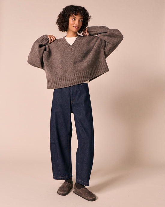 model wears phoebe dark fossil knitted jumper