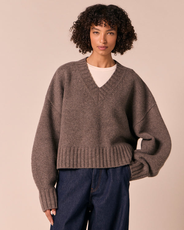 model wears phoebe dark fossil knitted jumper