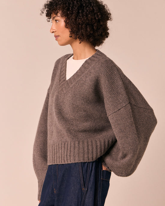 model wears phoebe dark fossil knitted jumper