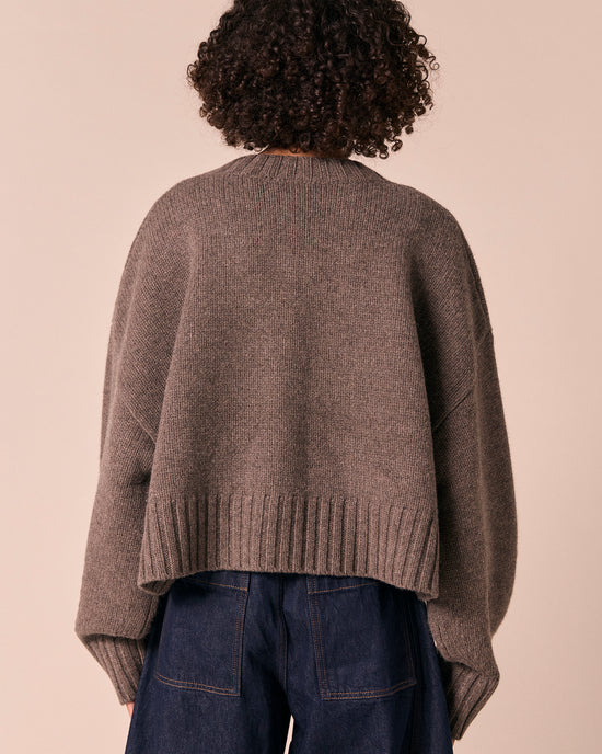 model wears phoebe dark fossil knitted jumper