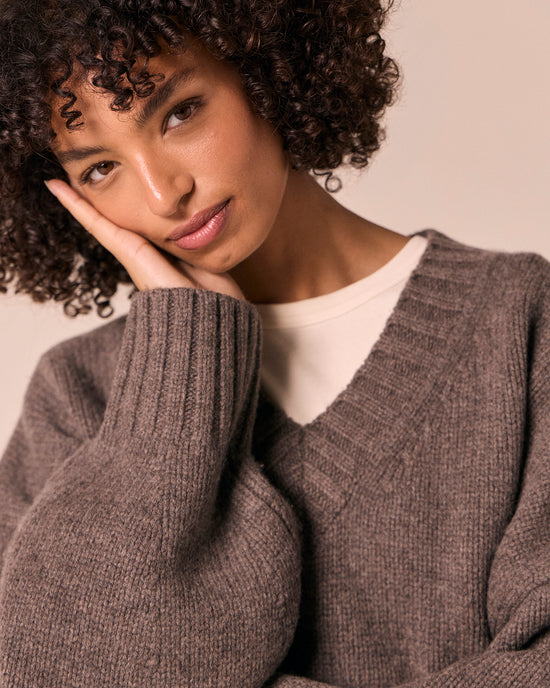 model wears phoebe dark fossil knitted jumper