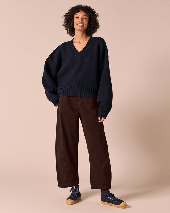 model wears phoebe navy knitted jumper
