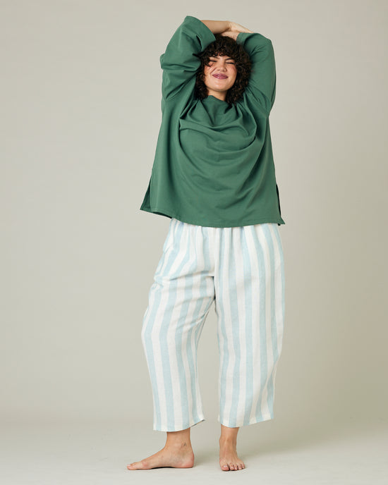 model wears sky blue stripe ultimate pj trousers