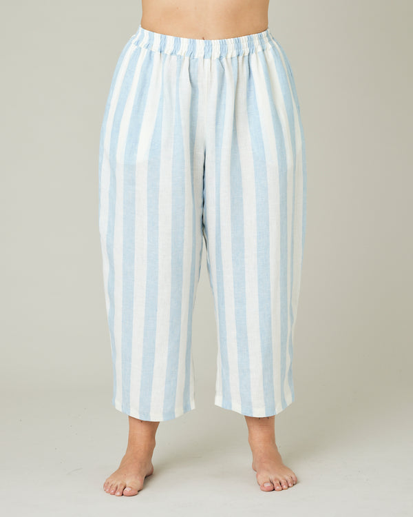 model wears sky blue stripe ultimate pj trousers front