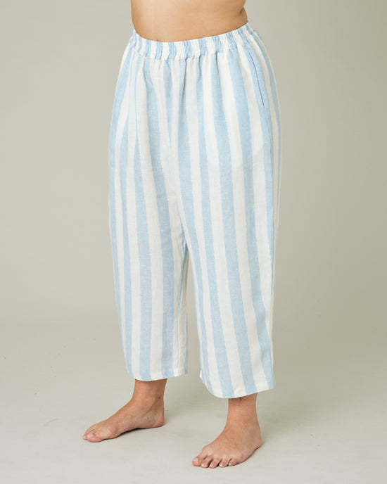 model wears sky blue stripe ultimate pj trousers