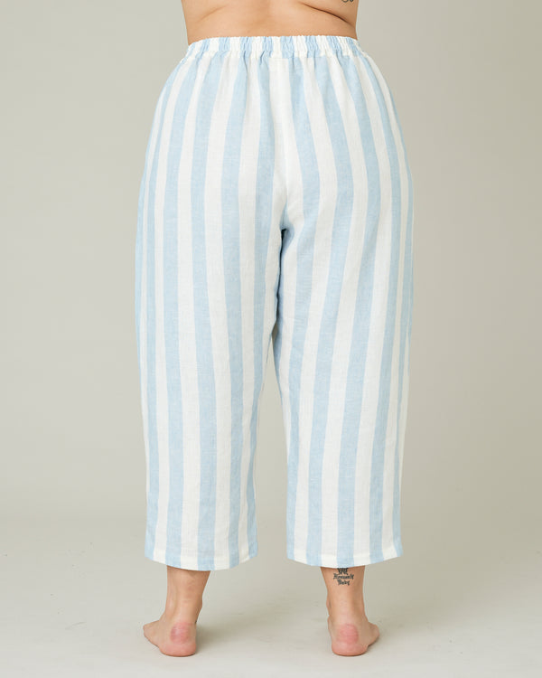 model wears sky blue stripe ultimate pj trousers back