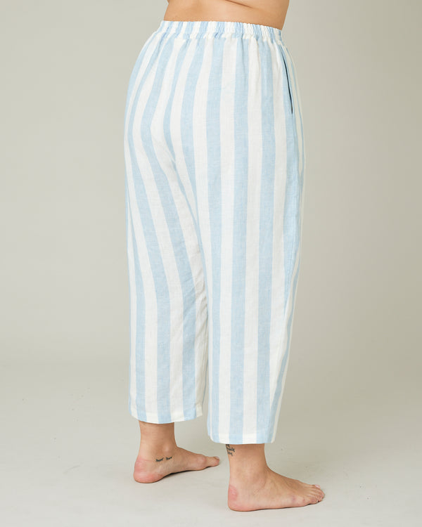 model wears sky blue stripe ultimate pj trousers right