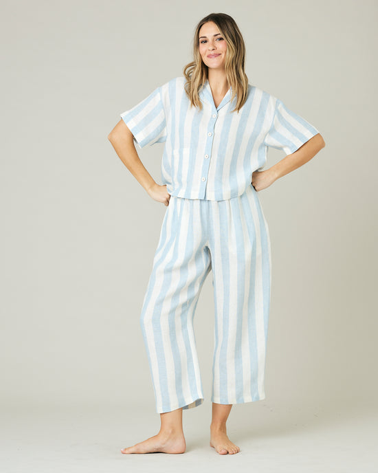 pregnant model wears sky blue stripe ultimate pj trousers