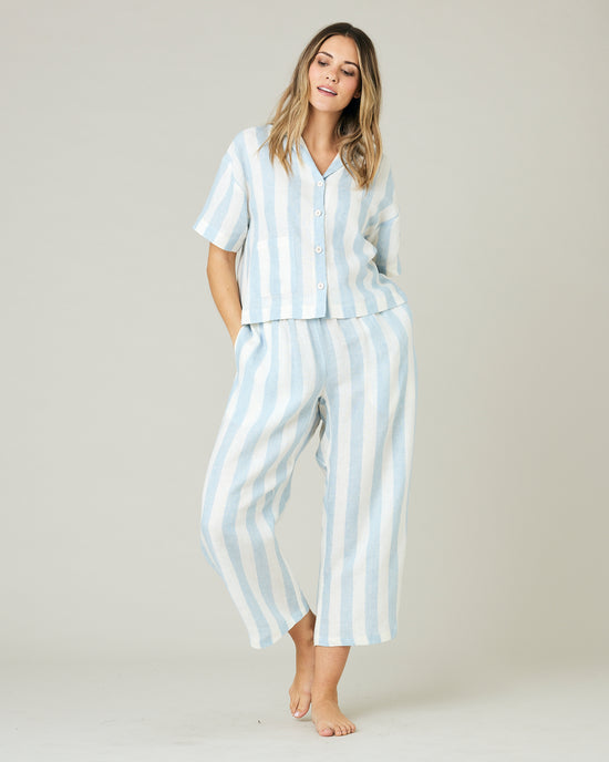 pregnant model wears sky blue stripe ultimate pj trousers