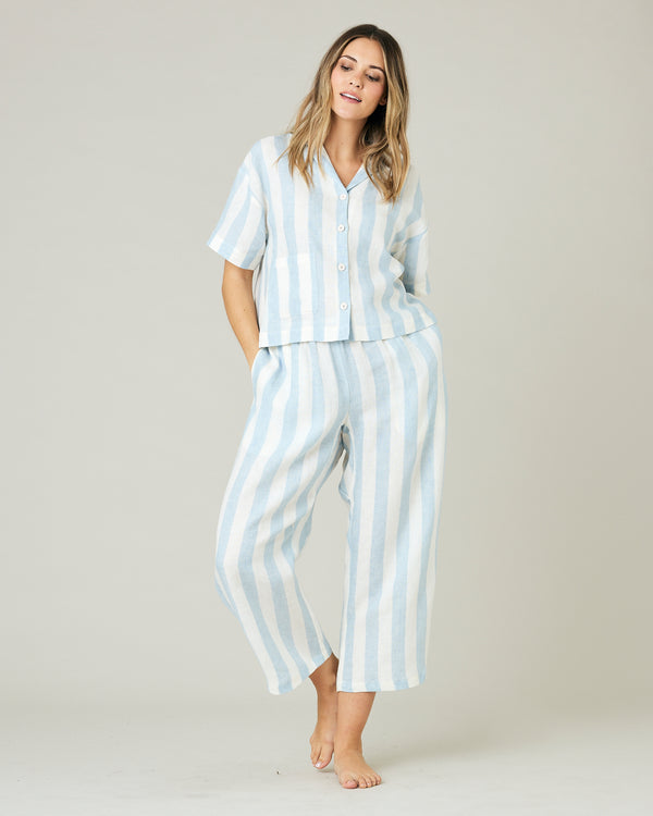 pregnant model wears sky blue stripe ultimate pj trousers