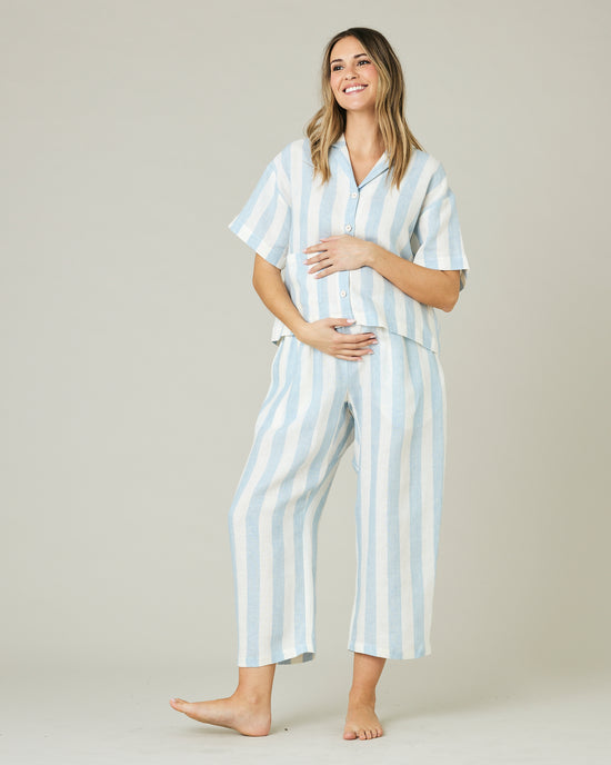 pregnant model wears sky blue stripe ultimate pj trousers