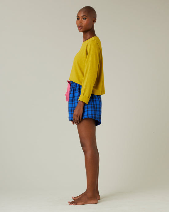 model wears indigo check bed shorts