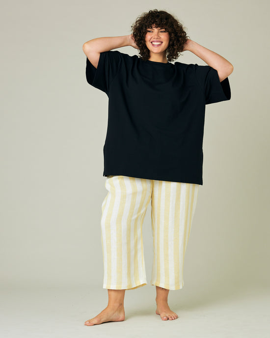 model wears lemon stripe ultimate pj bottoms