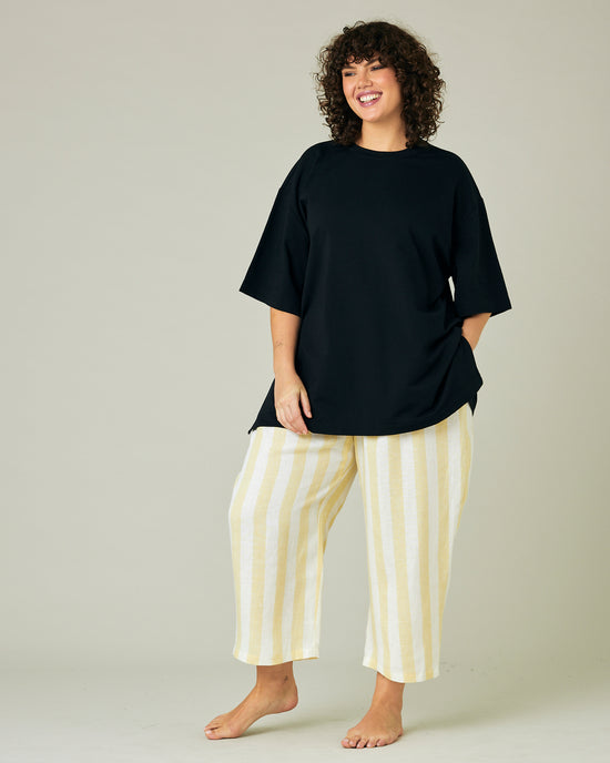 model wears lemon stripe ultimate pj bottoms