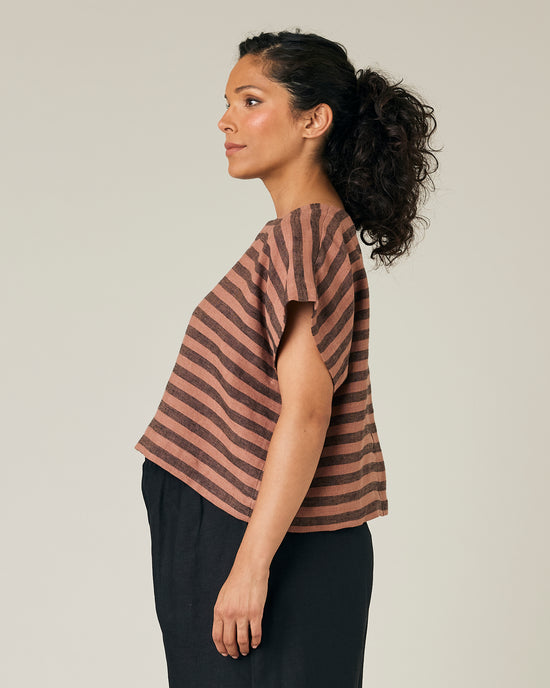 pregnant model wears biscuit stripe linen polly top 