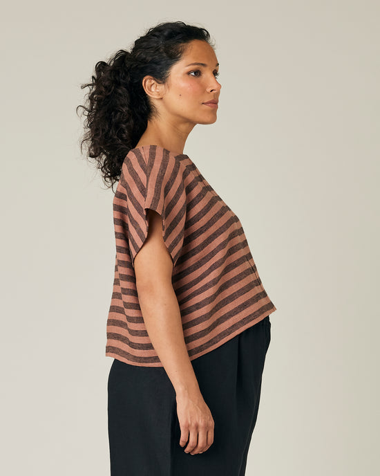 pregnant model wears biscuit stripe linen polly top 