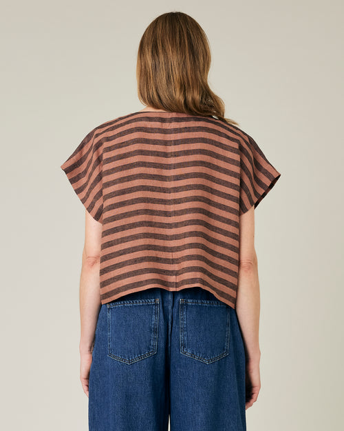 model wears biscuit stripe linen polly top 