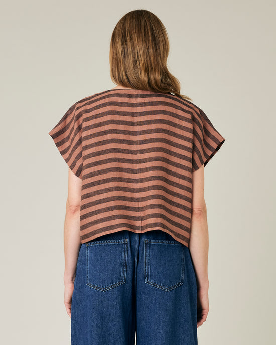 model wears biscuit stripe linen polly top 