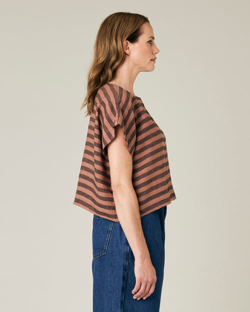 model wears biscuit stripe linen polly top 