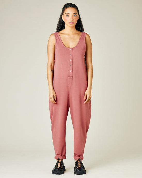 model wears dusty pink jersey poppy jumpsuit