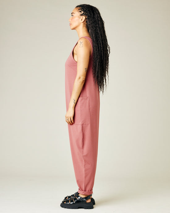 model wears dusty pink jersey poppy jumpsuit