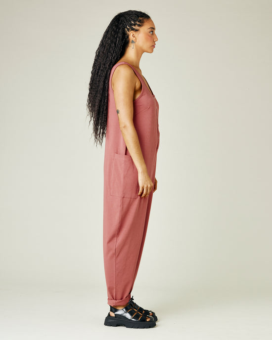 model wears dusty pink jersey poppy jumpsuit