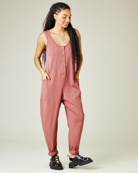 model wears dusty pink jersey poppy jumpsuit