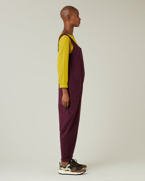 model wears wine cotton jersey poppy jumpsuit