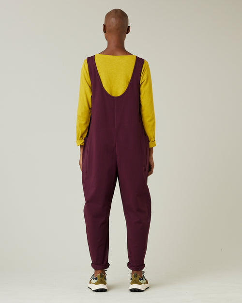 model wears wine cotton jersey poppy jumpsuit