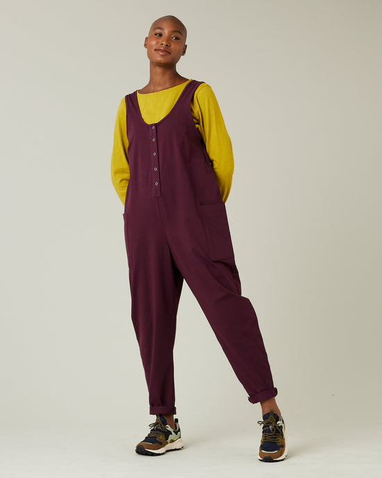 model wears wine cotton jersey poppy jumpsuit