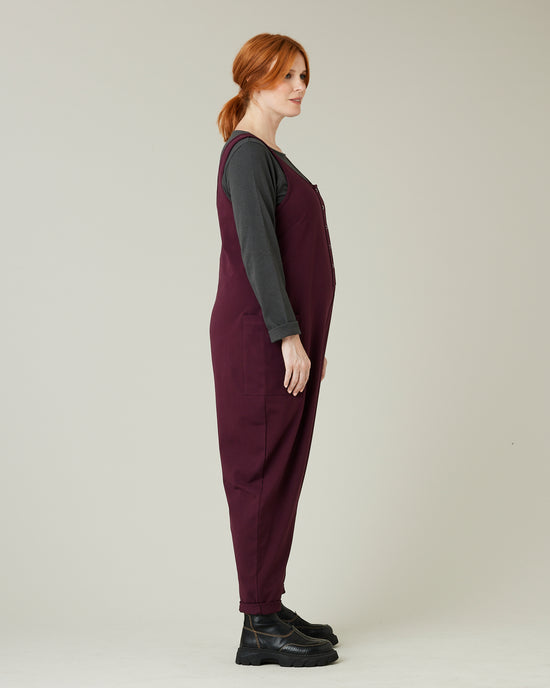 pregnant model wears wine cotton jersey poppy jumpsuit