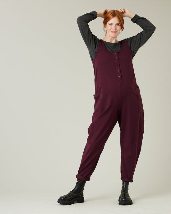 pregnant model wears wine cotton jersey poppy jumpsuit