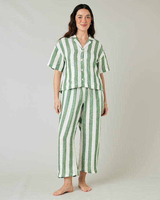 model wears clover stripe linen ultimate pj top