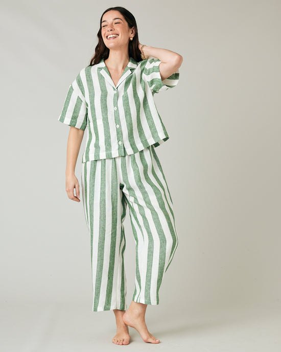 model wears clover stripe linen ultimate pj top