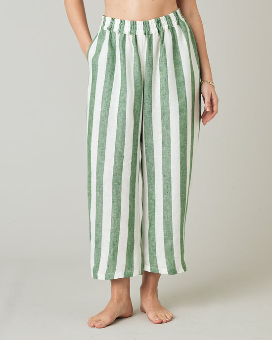 model wears clover stripe ultimate pj linen trousers