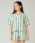 model wears clover stripe linen ultimate pj top