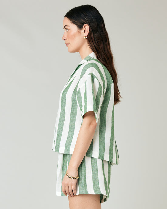 model wears clover stripe linen ultimate pj top