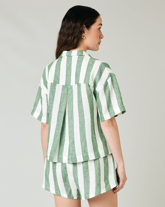 model wears clover stripe linen ultimate pj top