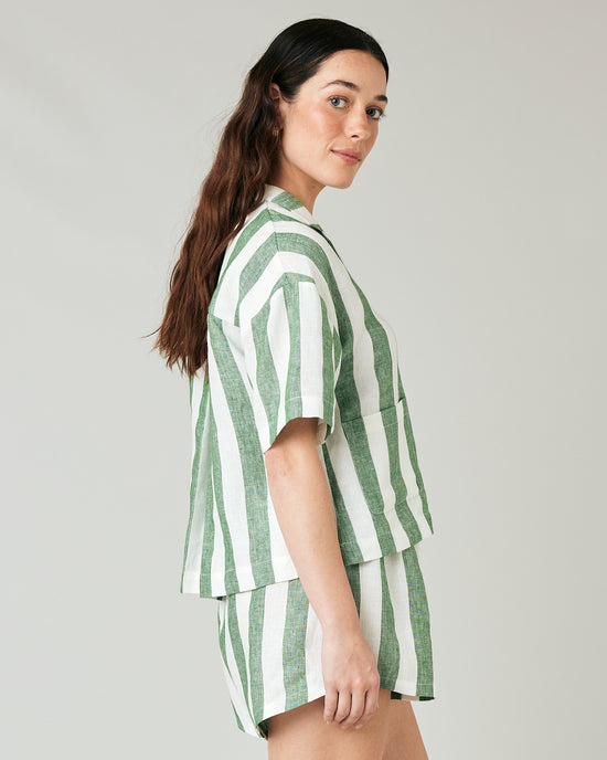 model wears clover stripe linen ultimate pj top