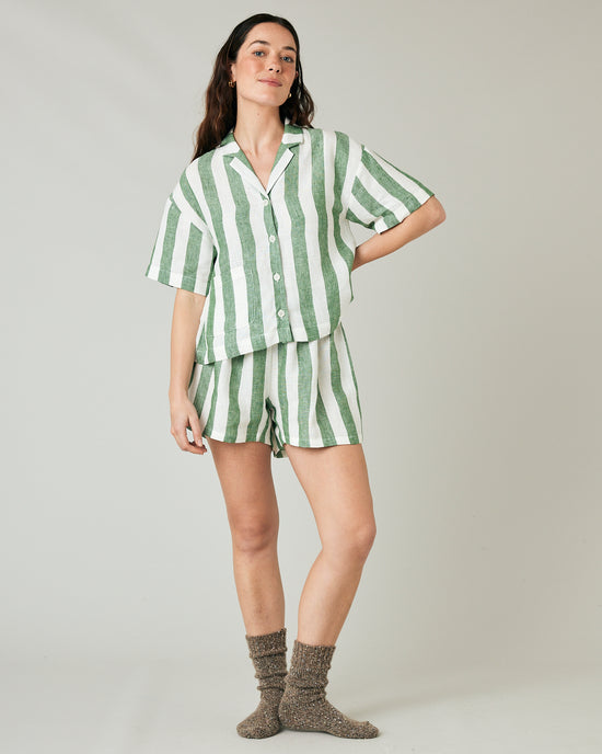 model wears clover stripe linen ultimate pj top