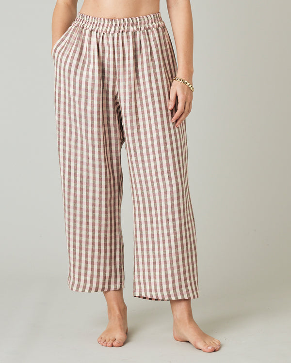 model wears neapolitan check linen ultimate pj trousers front