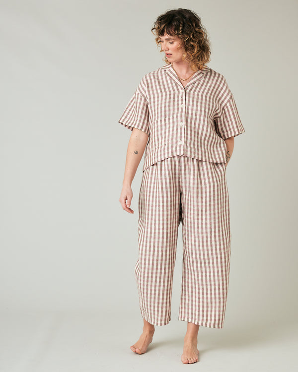 pregnant model wears neapolitan check linen ultimate pj trousers